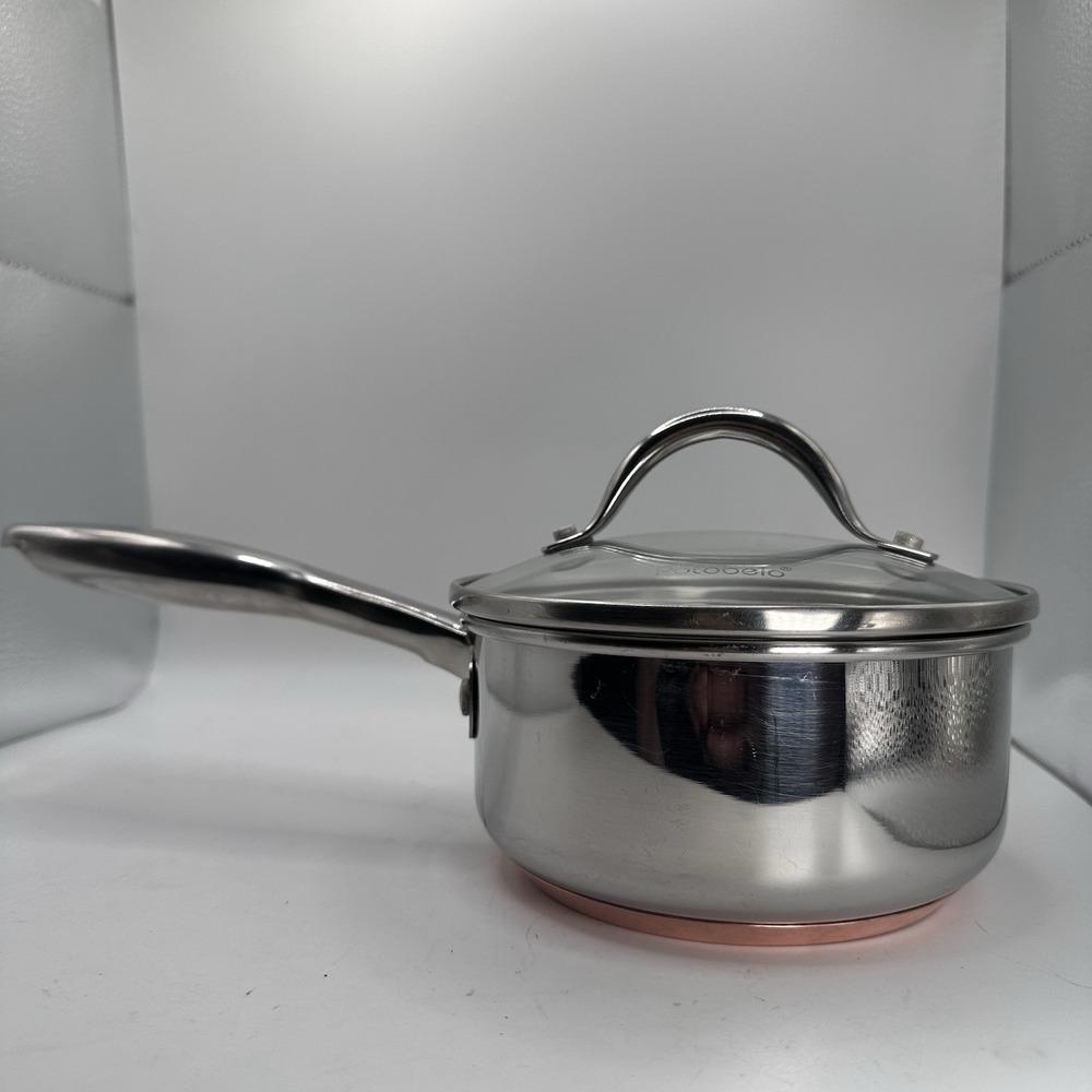 Potobelo Italia Copper Base Stainless Steel 1 QT Sauce Pan + Glass Lid EUC Italy